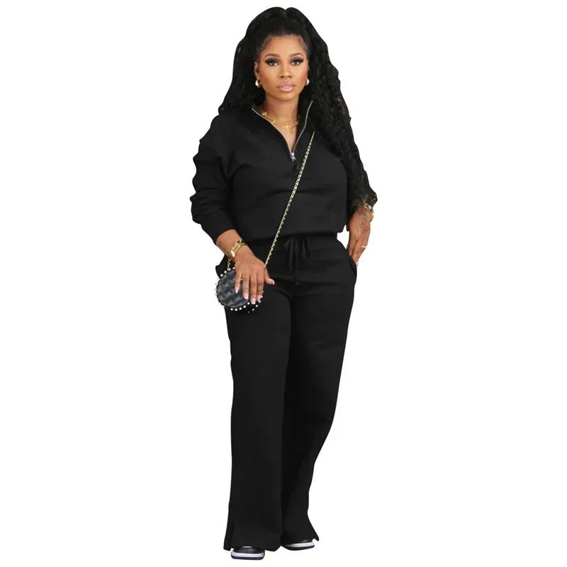 Solid Casual Tracksuit Women 2 Piece Set Outfit Sportwear Long Sleeve Sweatshirt Top and Wide Leg Pants Sweatsuits Matching Sets - EverHype