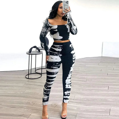 2024 Printing Knitted Two Piece Women Sets Casual Outfits Square Collar Long Sleeve Crop Top and Pants Matching Sets Loungewear - EverHype