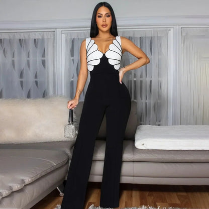 CM.YAYA Women V - Neck Backless Wide Leg Straight Sleeveless Jumpsuits 2025 Spring Patchwork Sexy One Piece Set Streetwear Outfits - EverHype