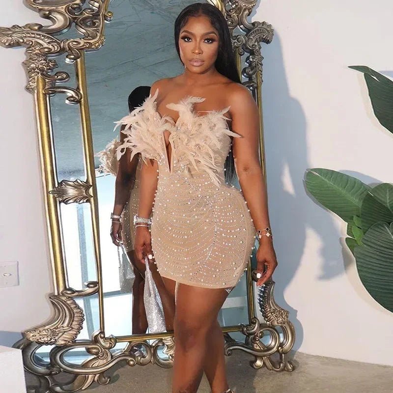 Sexy Feather Rhinestone Dress - Backless Diamond Mesh Bodycon | Birthday Party - EverHype