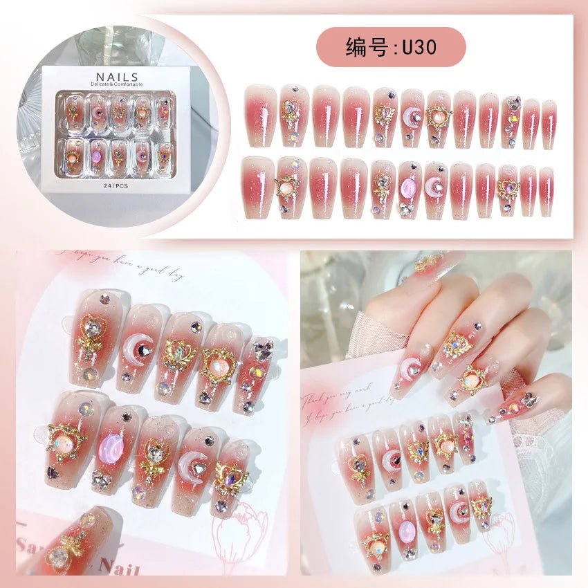 24pcs/box Luxury Pink Long Coffin Fake Nails Y2K Moon Star Rhinestones Press On Nails Handmade Full Cover Reusable False Nails - EverHype