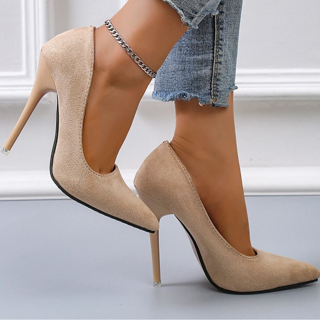 Aphixta 4.72 Inch Super High Stiletto Heels Pumps Women Solid Office Flock Pointed Toe Party Shoes Woman Plus Large Size 44 45 - EverHype