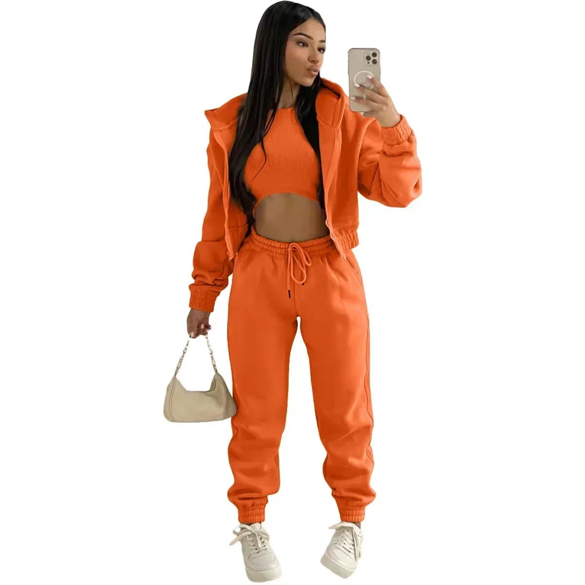 3pcs Women's Clothing Set Fleece - lined Hooded Sweater &Sleeveless Tank Top & Sports Sweatpants Pants - EverHype