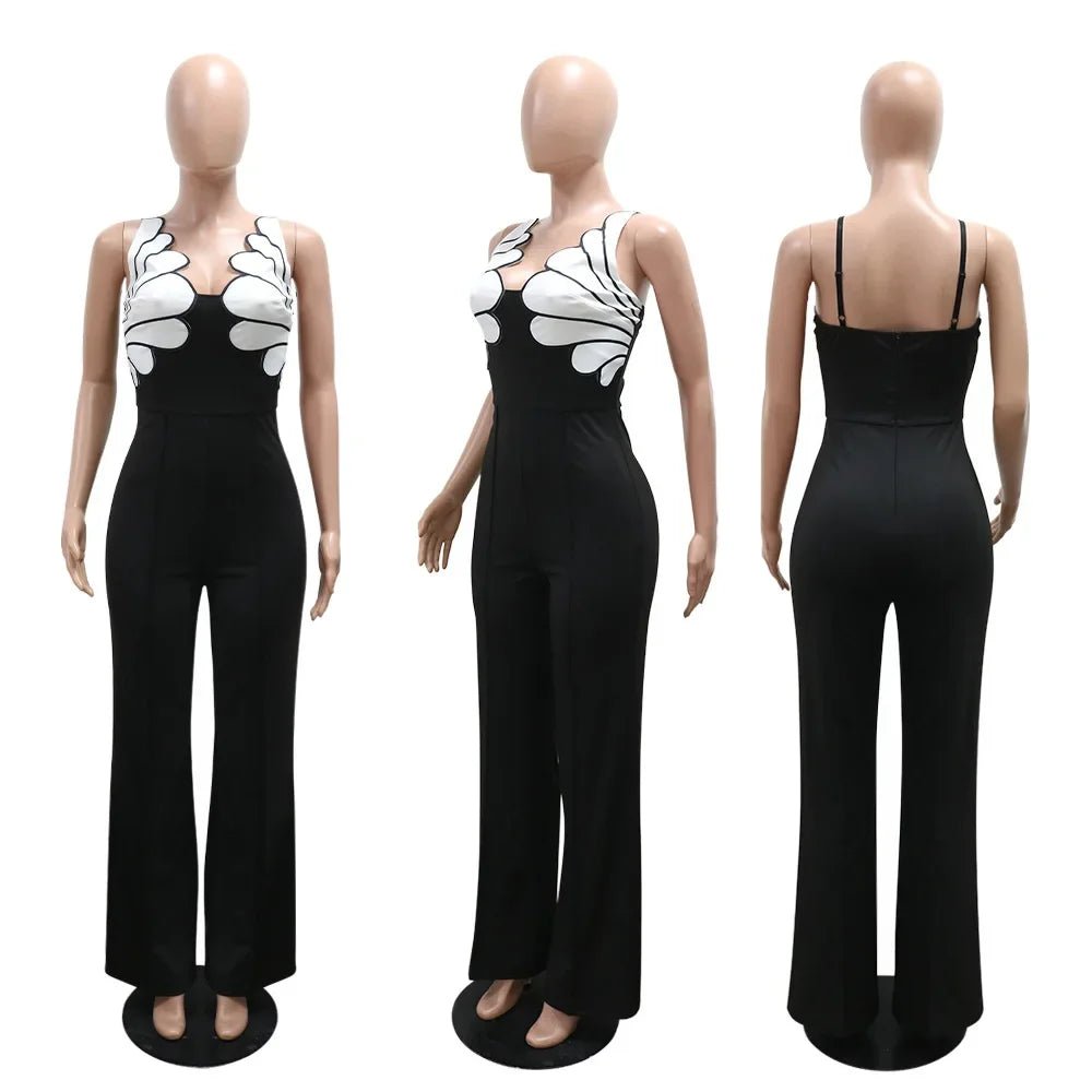 CM.YAYA Women V - Neck Backless Wide Leg Straight Sleeveless Jumpsuits 2025 Spring Patchwork Sexy One Piece Set Streetwear Outfits - EverHype