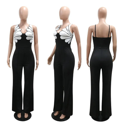 CM.YAYA Women V - Neck Backless Wide Leg Straight Sleeveless Jumpsuits 2025 Spring Patchwork Sexy One Piece Set Streetwear Outfits - EverHype