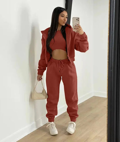 3pcs Women's Clothing Set Fleece - lined Hooded Sweater &Sleeveless Tank Top & Sports Sweatpants Pants - EverHype