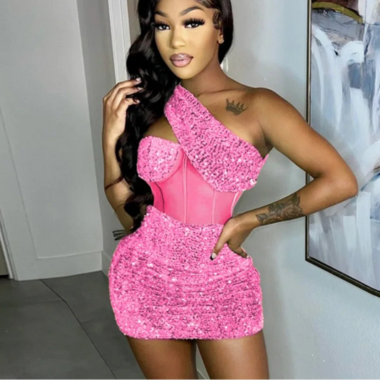 Sequin One Shoulder Party Dress - Sleeveless Backless Mini | Sexy Club Dress - EverHype