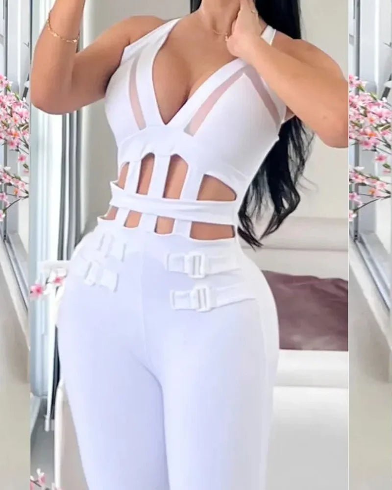Women's Sexy Mesh Jumpsuit - Halter Buckled Contrast Sleeveless | Night Out Chic - EverHype