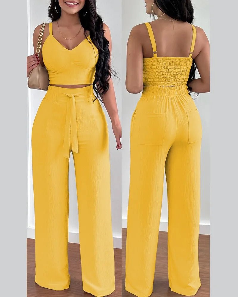 Women's 2 - Piece Pants Set - V - Neck Crop Top & Wide Leg Pants | Office Lady Suit - EverHype
