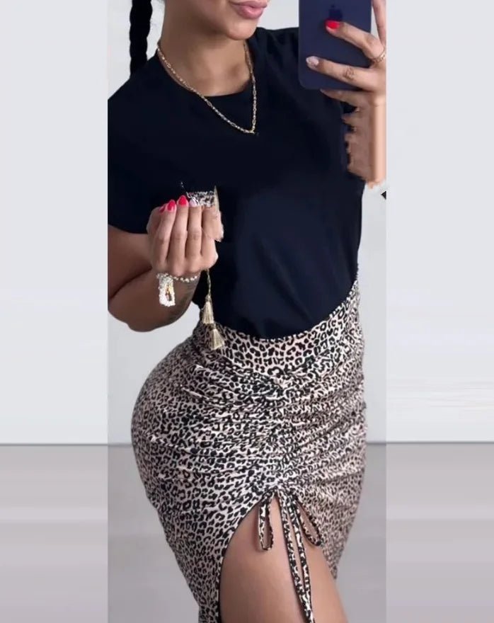 Women's Casual Fashion 2024 New Hot Selling Two - Piece Set with Leopard Print Letter Print Top and Drawstring Slit Skirt Set - EverHype