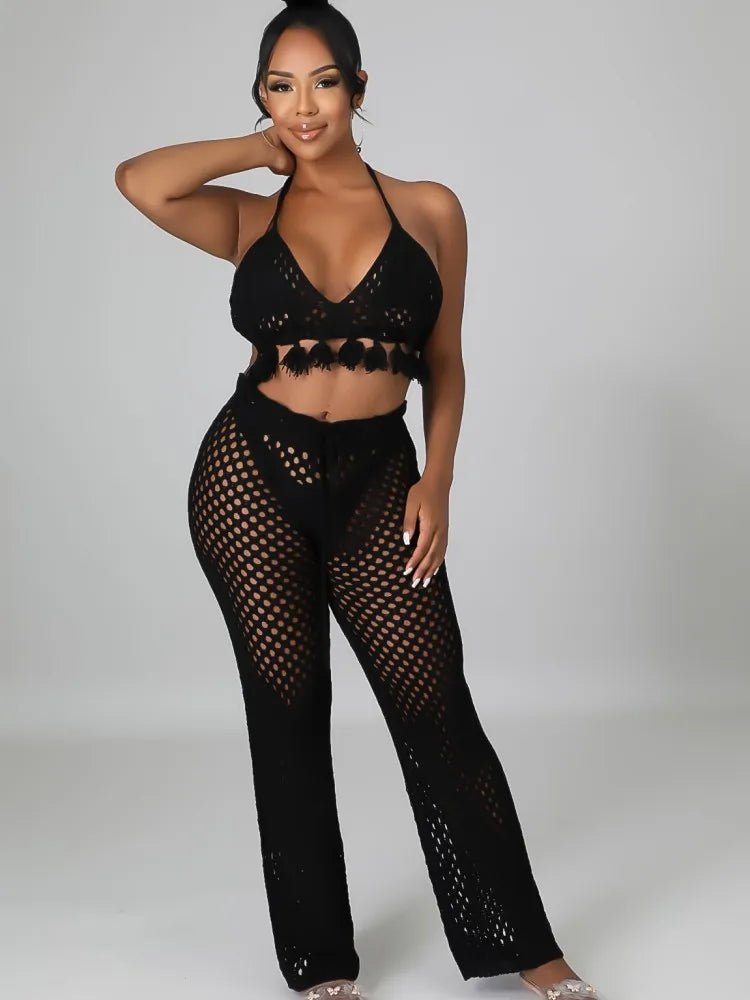 JRRY Sexy Women Knitted Set Two Pieces Set Halter Backless Bra Top Pants Crocheted 2 Pieces Set Hollow Out Crochet Beach Wear - EverHype