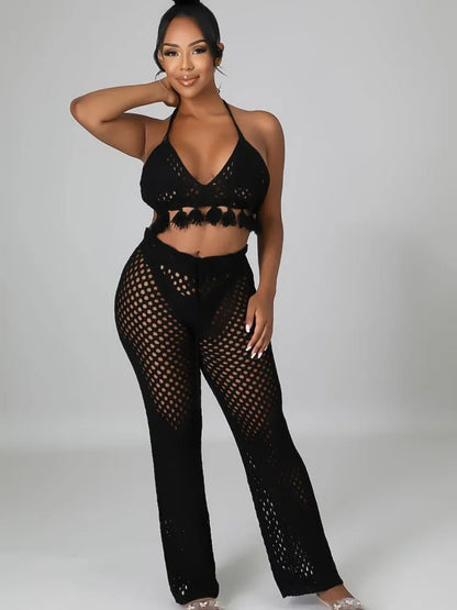 JRRY Sexy Women Knitted Set Two Pieces Set Halter Backless Bra Top Pants Crocheted 2 Pieces Set Hollow Out Crochet Beach Wear - EverHype