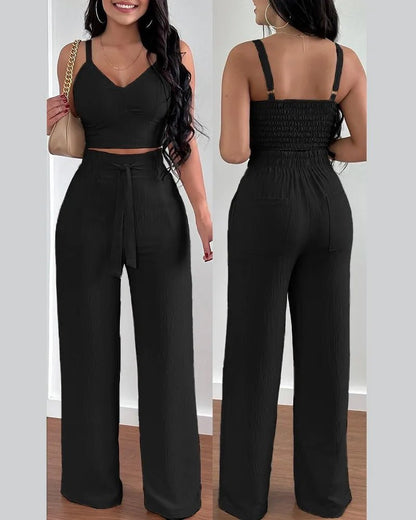 Women's 2 - Piece Pants Set - V - Neck Crop Top & Wide Leg Pants | Office Lady Suit - EverHype