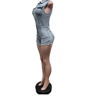 CM.YAYA Women V - neck Short Sleeve Denim tassel Short Jumpsuit Playsuits 2025 Summer Street Party Jeans Romper One Piece Outfits - EverHype