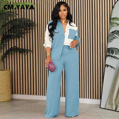 CM.YAYA Fashion Women's Set Long Sleeve Colorblocked Shirt and Wide Leg Straight Pants 2023 Two 2 Piece Sets Outfits Tracksuit - EverHype