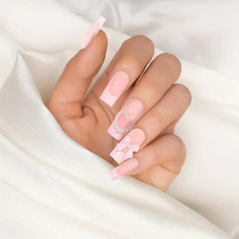 24Pcs French Tip Press On Nails Long Square Nude Pink Fake Nails Bow Charms Full Cover Stick On Nails For Women and Girls Wear - EverHype