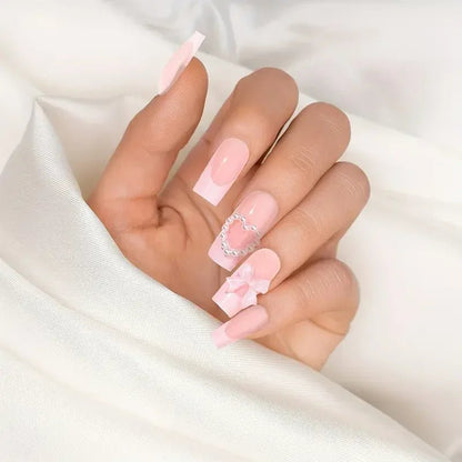 24Pcs French Tip Press On Nails Long Square Nude Pink Fake Nails Bow Charms Full Cover Stick On Nails For Women and Girls Wear - EverHype