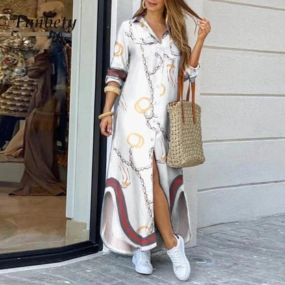 Casual Dresses Women Long Sleeve Shirt Dress Printed OL Long Dresses Laides Loose Party Dress Maxi Dress Vestido Casual - EverHype