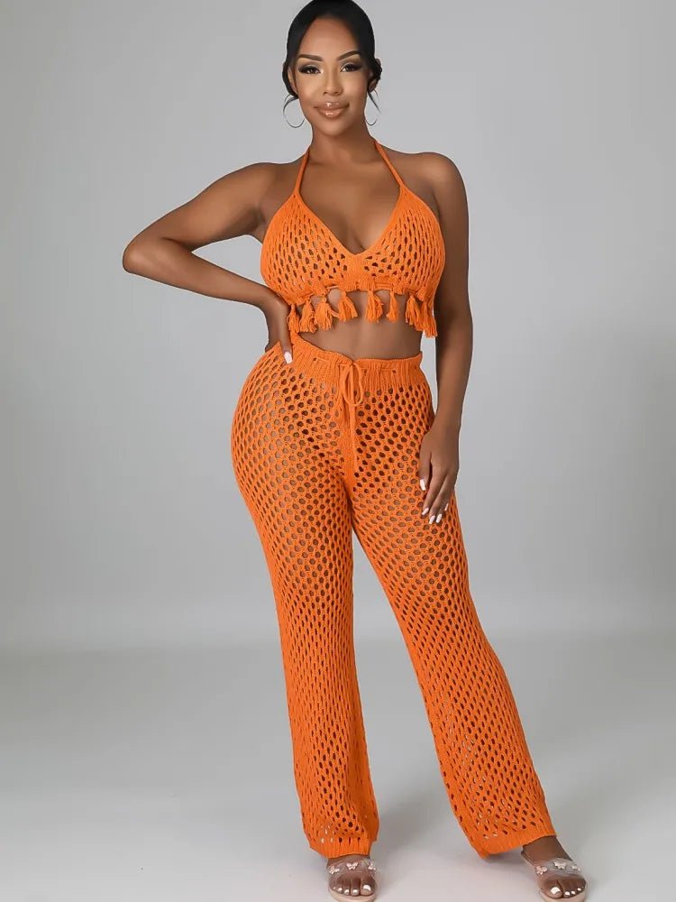 JRRY Sexy Women Knitted Set Two Pieces Set Halter Backless Bra Top Pants Crocheted 2 Pieces Set Hollow Out Crochet Beach Wear - EverHype