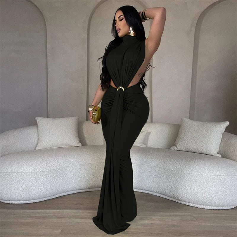 Elegant Celebrity Mermaid Maxi Dress Women Birthday Night Party Evening Prom Metal Ring Cutout Ruched Ribbon Formal Long Dresses - EverHype