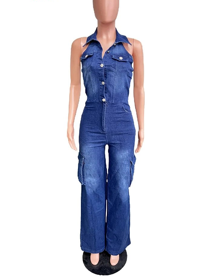 Mlaiscsr Women Clothing Blue Denim One Piece Jumpsuit Halter Backless Sleeveless Straight Jean Overalls Cargo Pants Rompers New - EverHype
