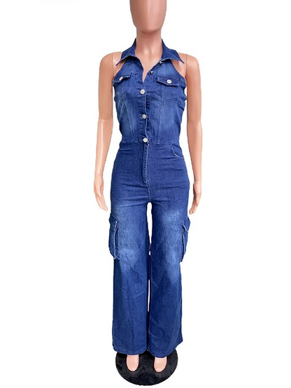 Mlaiscsr Women Clothing Blue Denim One Piece Jumpsuit Halter Backless Sleeveless Straight Jean Overalls Cargo Pants Rompers New - EverHype