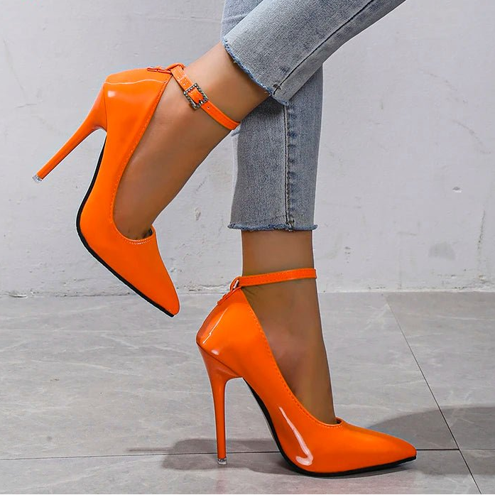 Aphixta Orange New Luxury Crystals Buckle Pimp Super High 12cm Stiletto heels Pumps Women Shoes Pointed Toe Colorful Party Pumps - EverHype