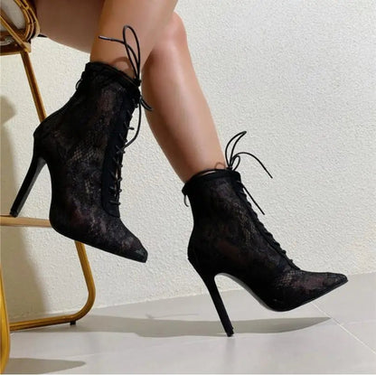 2025 New Black Mature Mesh Women Boots High Heel Pumps Floral Lace - Up Thin High Heels Ankle Pointed Toed Party Wedding Shoes - EverHype