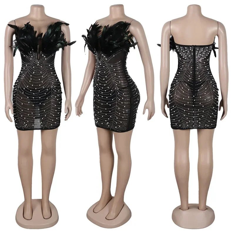 Sexy Feather Rhinestone Dress - Backless Diamond Mesh Bodycon | Birthday Party - EverHype