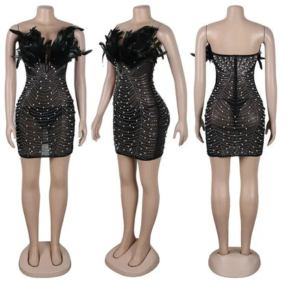 Sexy Feather Rhinestone Dress - Backless Diamond Mesh Bodycon | Birthday Party - EverHype