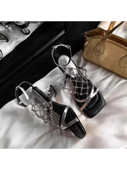 2025 New Summer Rhinestone Sandals Women's Block Heel High Heels - EverHype