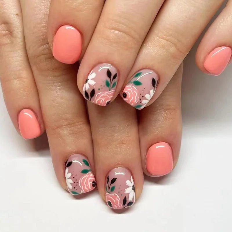24Pcs Short Square Head Fake Nail with Colorful Flower Designs Wearable French False Nails Ballet Finished Jelly Stick on Nails - EverHype