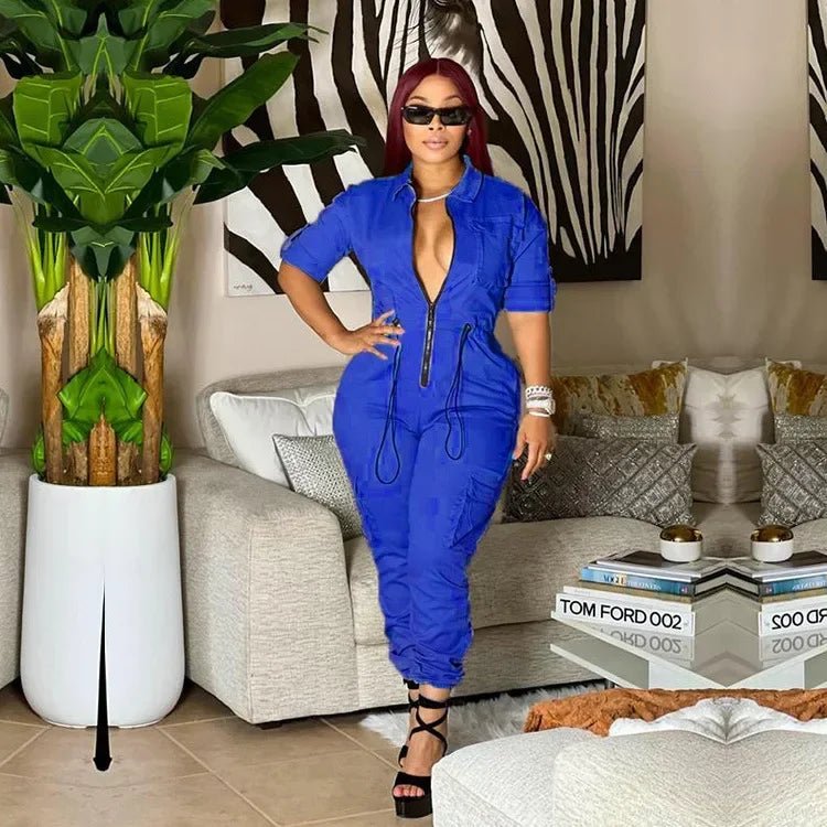 High Waist Jumpsuits Women Work Overalls Casual Half Sleeve Summer One Piece Pocket Long Cargo Pants Rompers Long Bodysuit - EverHype