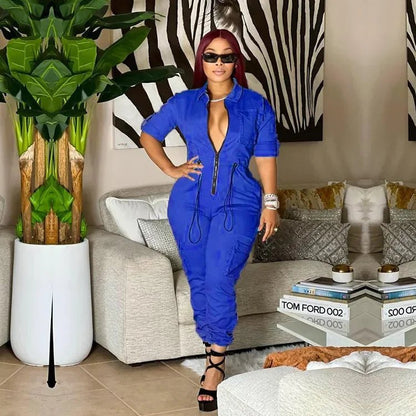 High Waist Jumpsuits Women Work Overalls Casual Half Sleeve Summer One Piece Pocket Long Cargo Pants Rompers Long Bodysuit - EverHype
