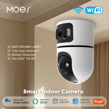 Moes Tuya WiFi Indoor Smart Camera 8MP Dual Screen Lens 2.4G/5G Infrared Night Vision Motion Detection Auto Track Two - Way Audio - EverHype