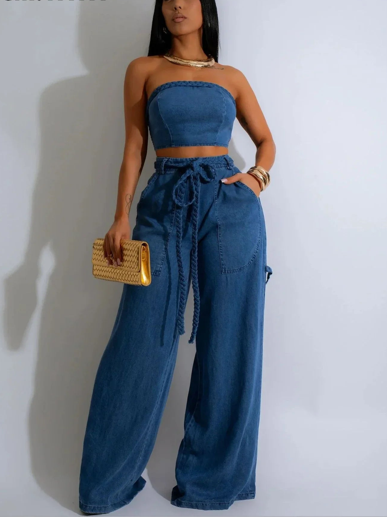Women's Denim 2 - Piece Set - Strapless Crop Top & Wide Leg Jeans | Streetwear Outfit - EverHype