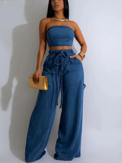 Women's Denim 2 - Piece Set - Strapless Crop Top & Wide Leg Jeans | Streetwear Outfit - EverHype