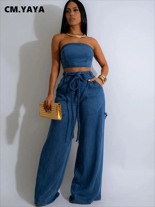 Women's Denim 2 - Piece Set - Strapless Crop Top & Wide Leg Jeans | Streetwear Outfit - EverHype