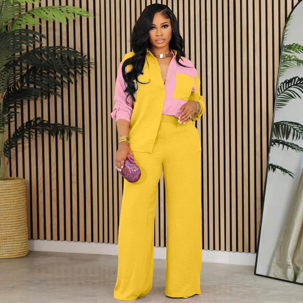 CM.YAYA Fashion Women's Set Long Sleeve Colorblocked Shirt and Wide Leg Straight Pants 2023 Two 2 Piece Sets Outfits Tracksuit - EverHype