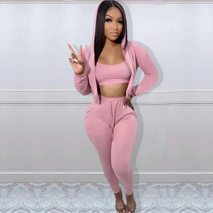 CM.YAYA Women Sportwear Fashion 3 - piece Set Outfits Hooded Track Jacket + Tank + Jogger Pants Suit Active Tracksuit Sweatsuit - EverHype