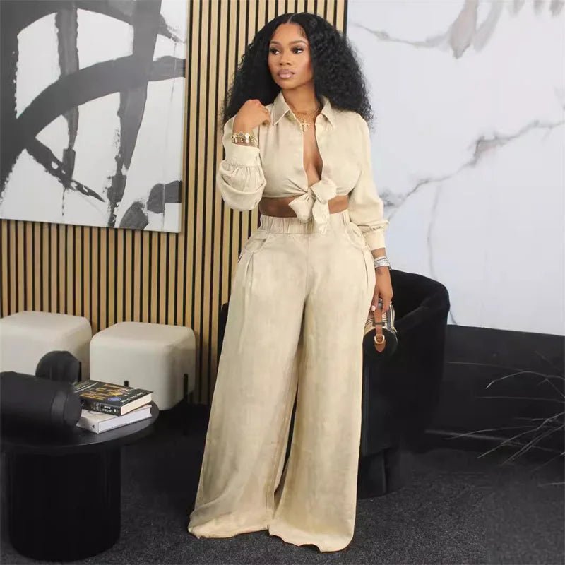 Streetwear Loose Fit Matching Set Outfits for Women Two Piece Set Club Party Lace - up Shirt Top and Wide Leg Pants Set Elegance - EverHype