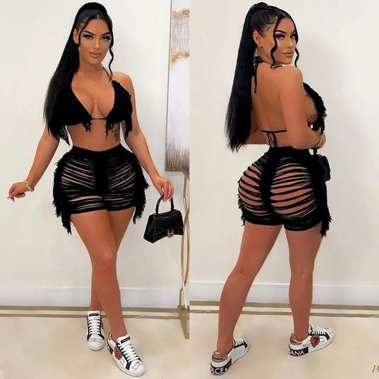 Knitted Bikini 2 - Piece Set - Sexy Cut Out Tassel Shorts | Beach Wear Outfit - EverHype
