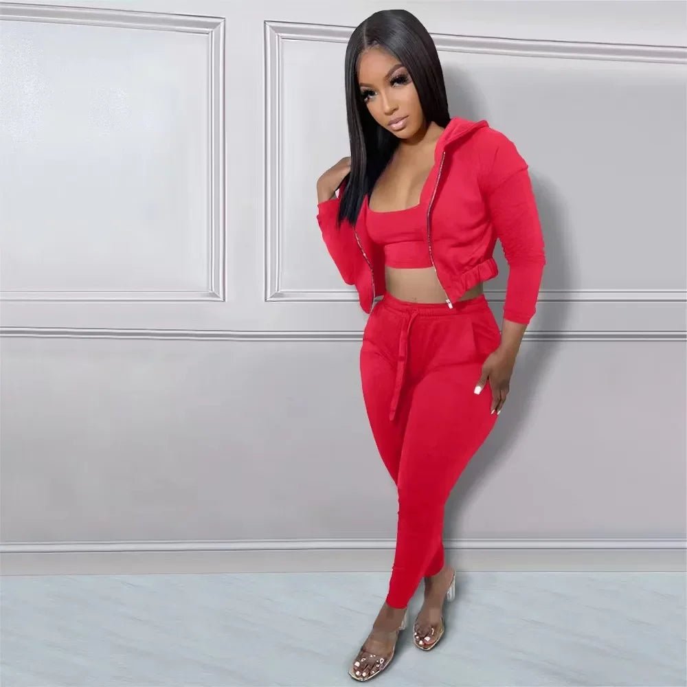 CM.YAYA Women Sportwear Fashion 3 - piece Set Outfits Hooded Track Jacket + Tank + Jogger Pants Suit Active Tracksuit Sweatsuit - EverHype