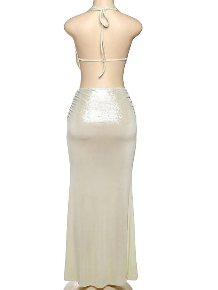 Metallic Skirt Set - Shiny Drape Two - Piece Dress | Backless Straps Clubwear - EverHype
