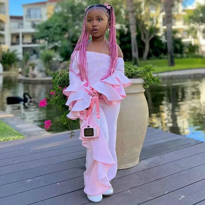 Girls Pink Off - Shoulder Set - Long Sleeve Top & Ruffled Pants Outfit - EverHype