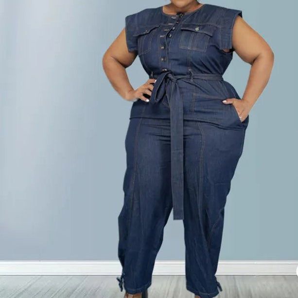 Jumpsuit Plus Size Women Clothing Denim Round Neck Lace Up Sleeveless Trousers Pocket Stretch Bodysuit Wholesale Dropshipping - EverHype