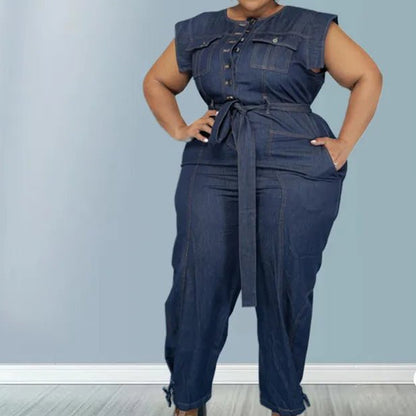 Jumpsuit Plus Size Women Clothing Denim Round Neck Lace Up Sleeveless Trousers Pocket Stretch Bodysuit Wholesale Dropshipping - EverHype