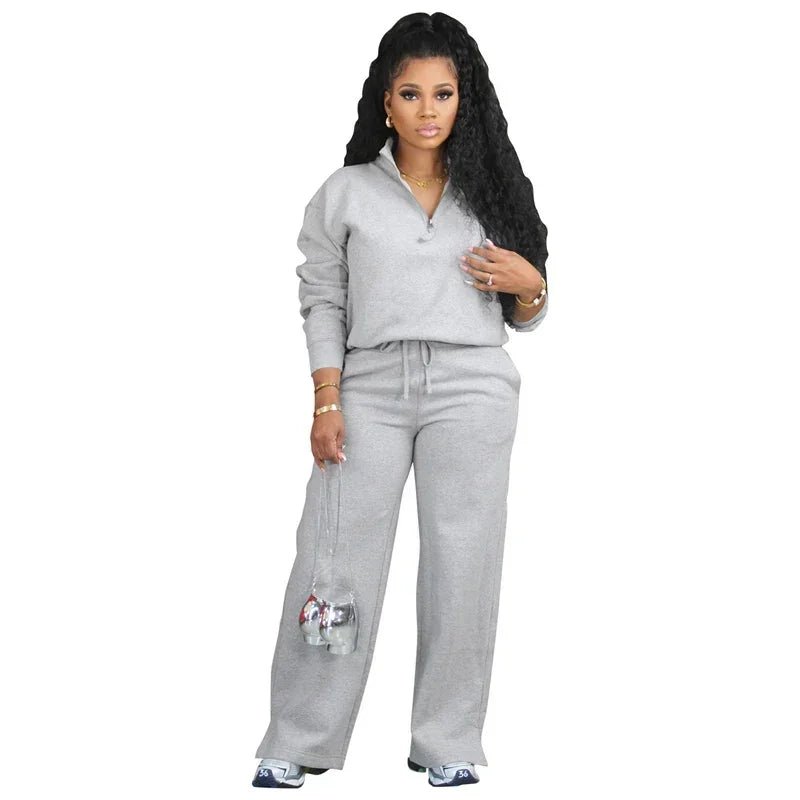 Solid Casual Tracksuit Women 2 Piece Set Outfit Sportwear Long Sleeve Sweatshirt Top and Wide Leg Pants Sweatsuits Matching Sets - EverHype