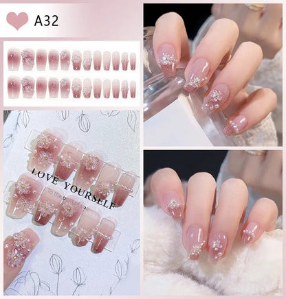 24pcs/box Luxury Pink Long Coffin Fake Nails Y2K Moon Star Rhinestones Press On Nails Handmade Full Cover Reusable False Nails - EverHype