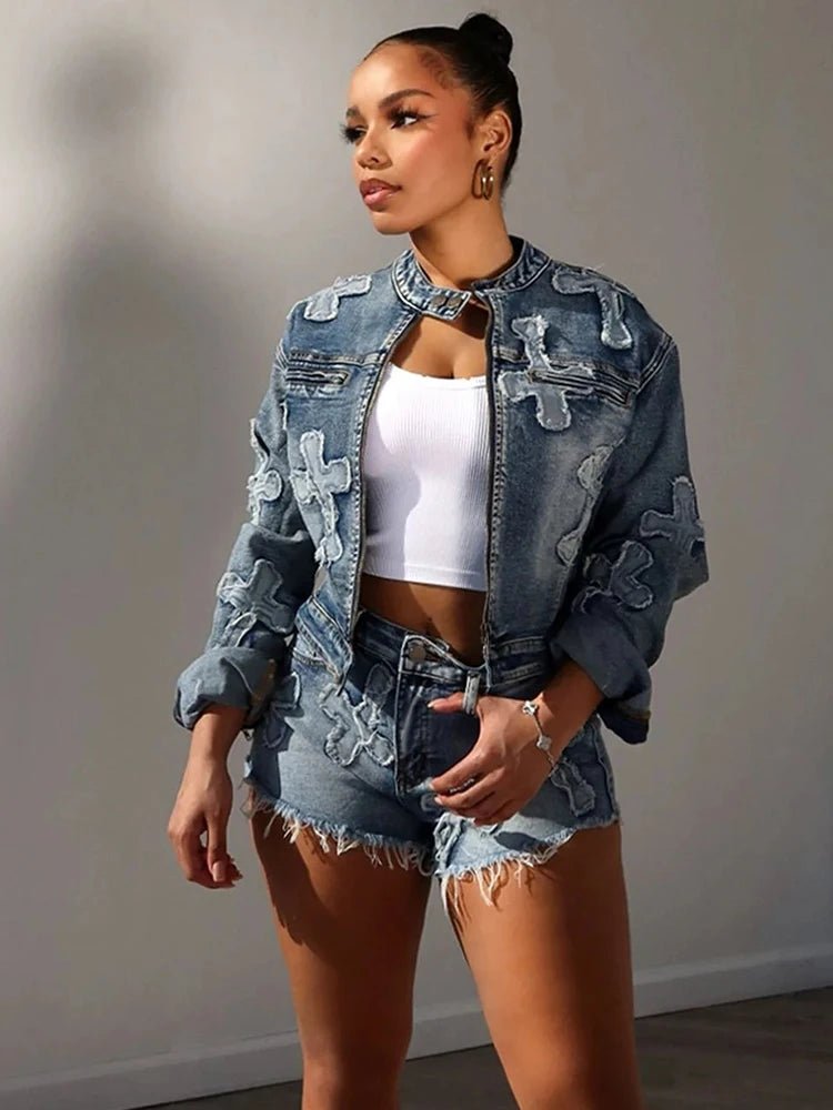 Denim 2 - Piece Set - Y2K Zip Jacket & Shorts Matching Outfit for Women - EverHype